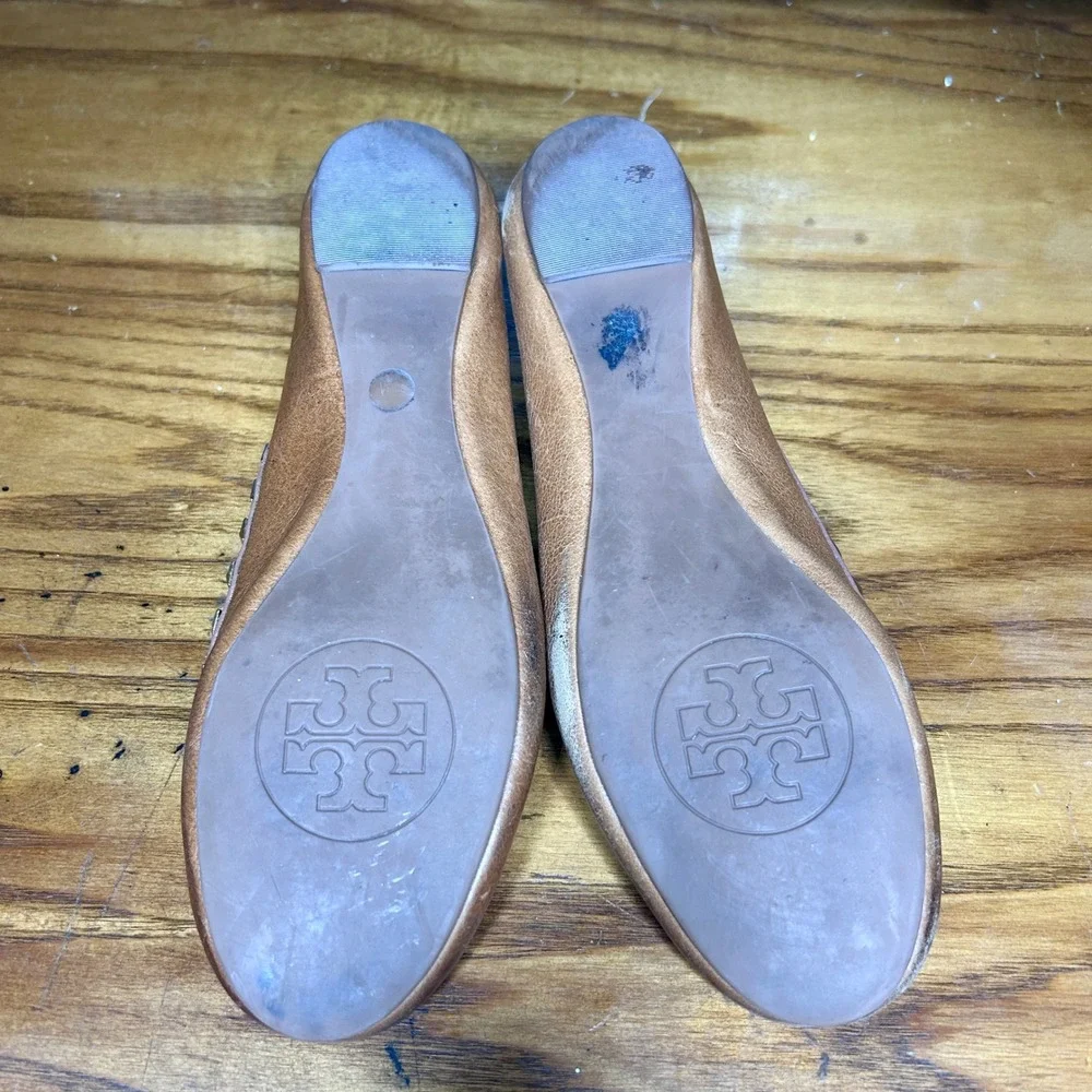Tory‎ Burch Dale Ballet Flats Womens 8 Tan Leather Studded Logo shoes
